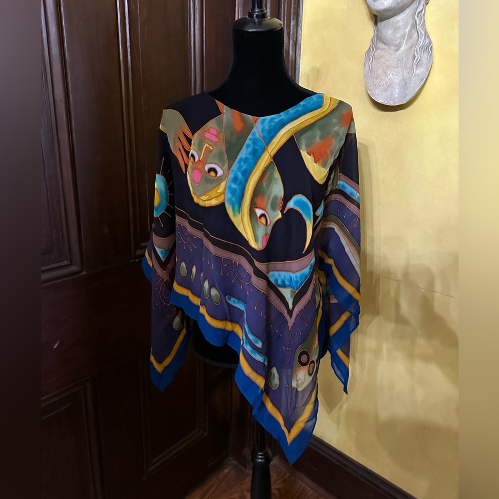 Hand painted boho festival silk georgette artisan poncho
